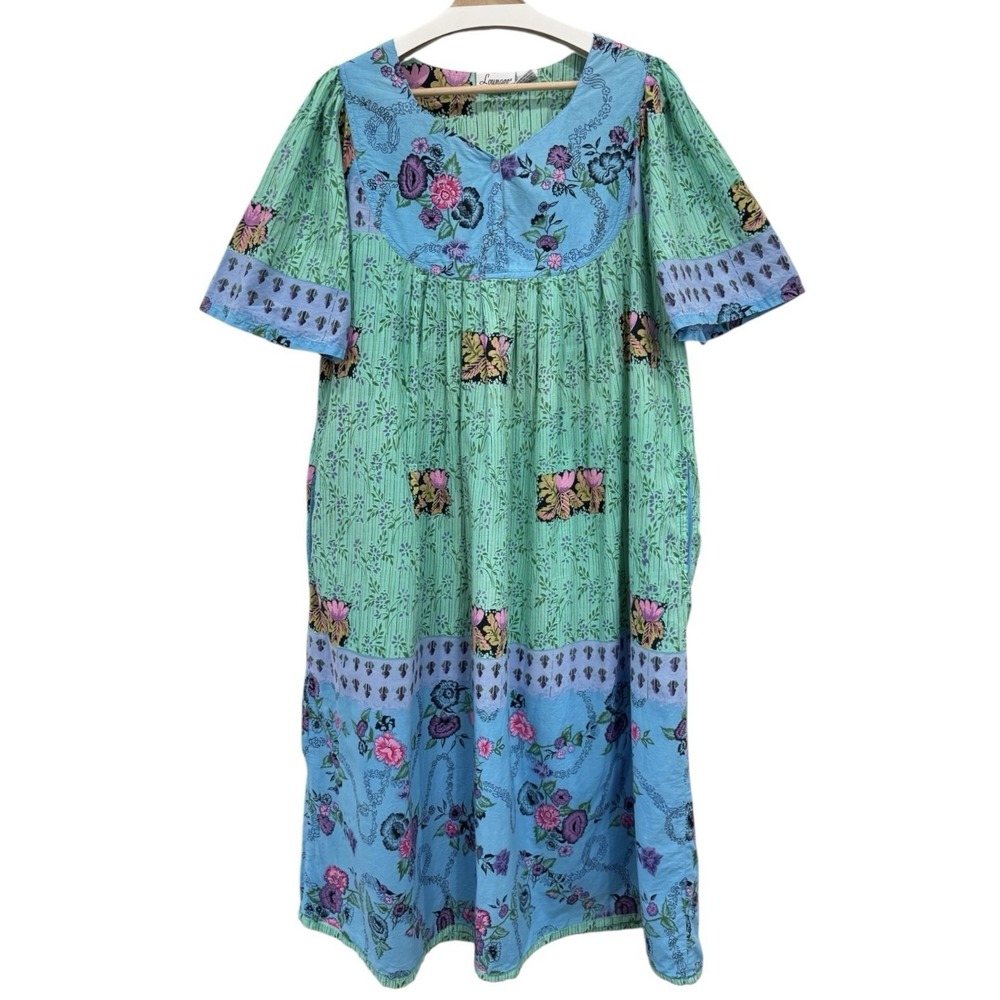 90s Vintage Cotton Kaftan Muumuu Dress‎ Loungewear Floral Boho Cottagecore XL